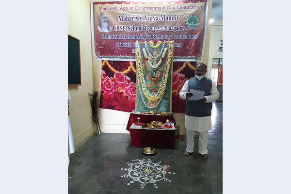 Maharishi Age of Enlightenment Day is celebrated on 12th January 2021 at Maharishi Vidya Mandir, Chikmangalore as Gyan Yug Divas,  on the occasion of  104th  Birth Day  of His Holiness Maharishi Mahesh Yogi Ji.